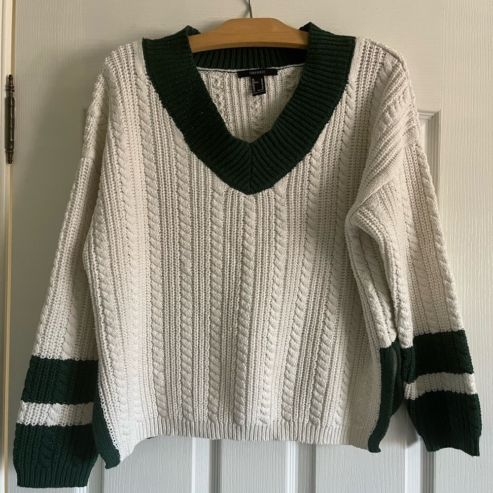 Forever 21 V-Neck Green and White Sweater with Cable Knit